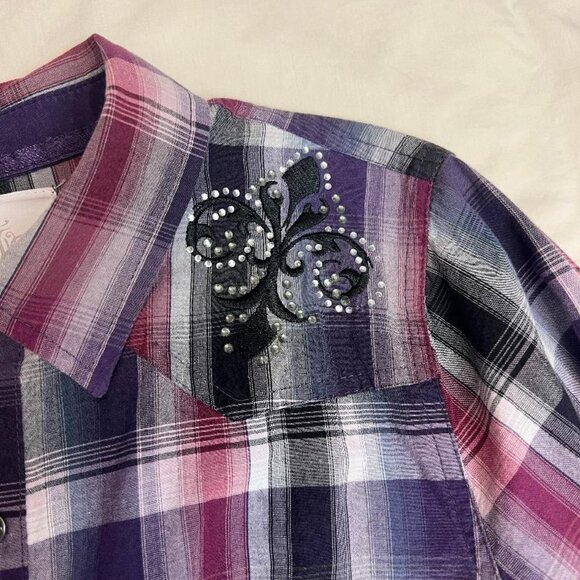 Maurices Premium Purple Plaid Shirt  with Fleur De Lis Embellishments - Picture 4 of 12